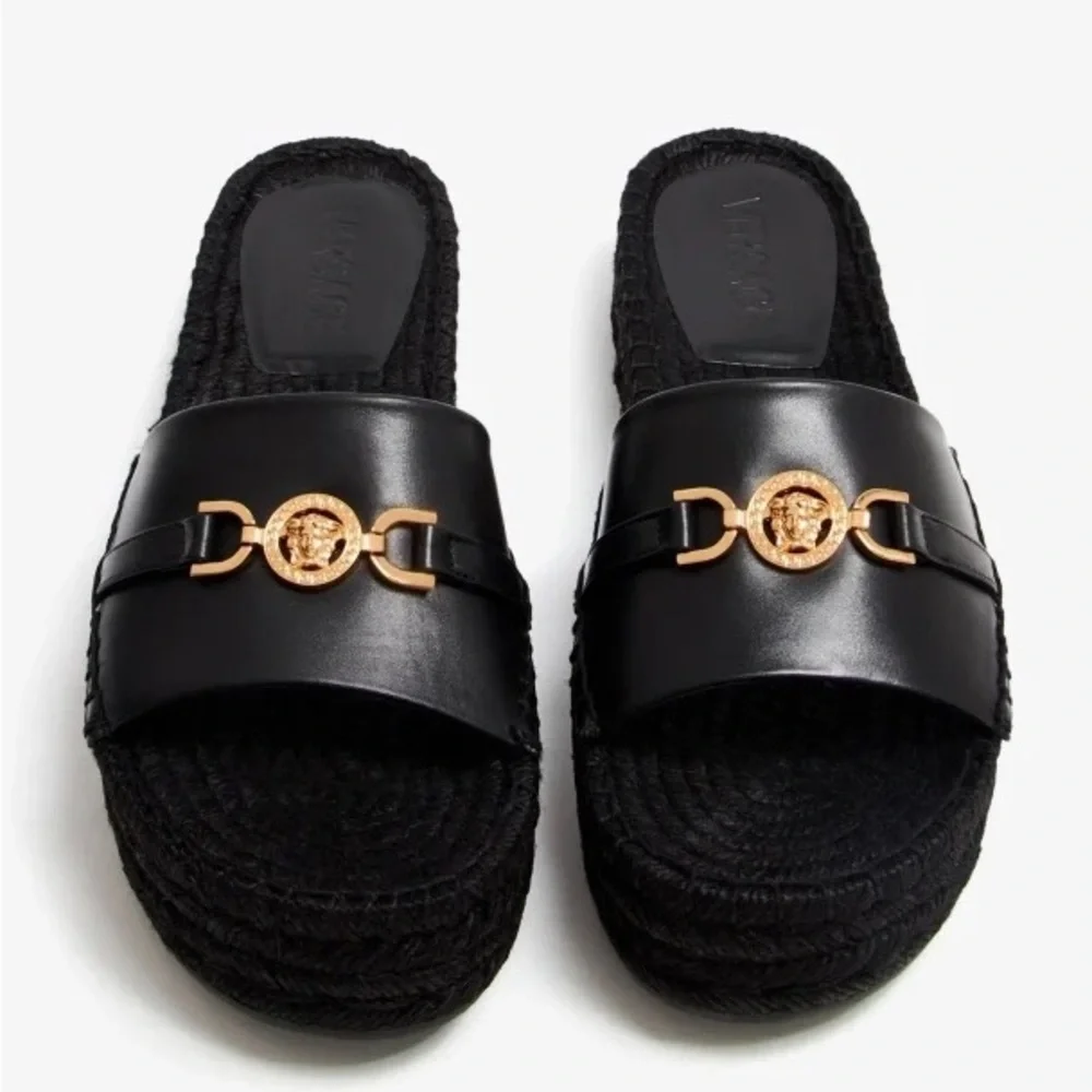 100%- New Authentic VERSACE iconic Medusa '95 espadrilles Black and Gold  Sand…